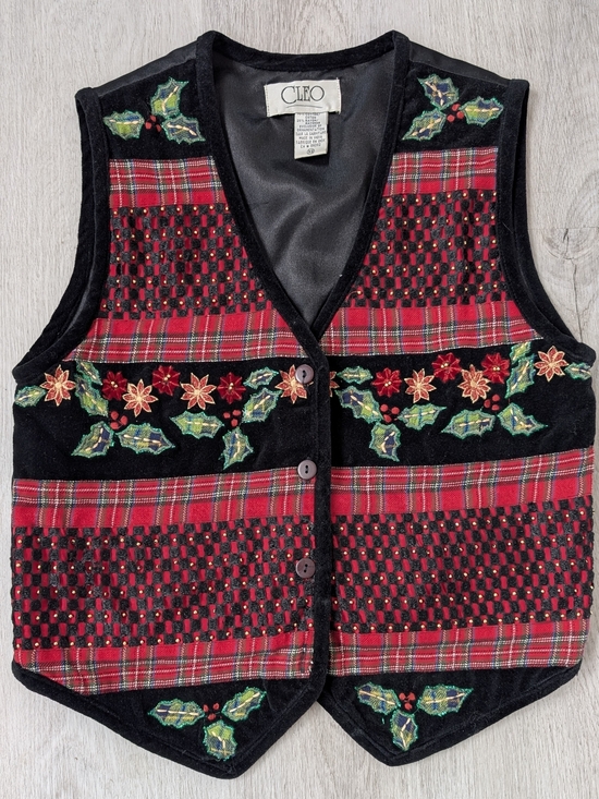 cleo Jackets & Blazers - Vintage CLEO Festive Red & Black Plaid Embroidered Christmas Holiday Vest Sz XS